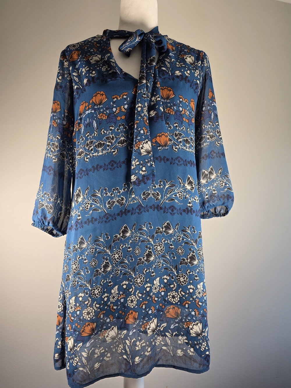 Lily Rose Blue Floral Tie Neck Tunic Dress Size M Sheer 3/4 Sleeve Boho